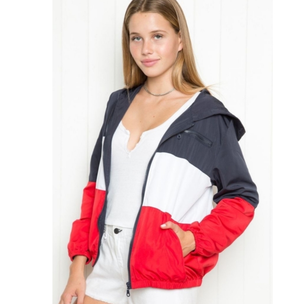 Brandy Melville Red White and Blue Zippered Hooded Windbreaker One Size